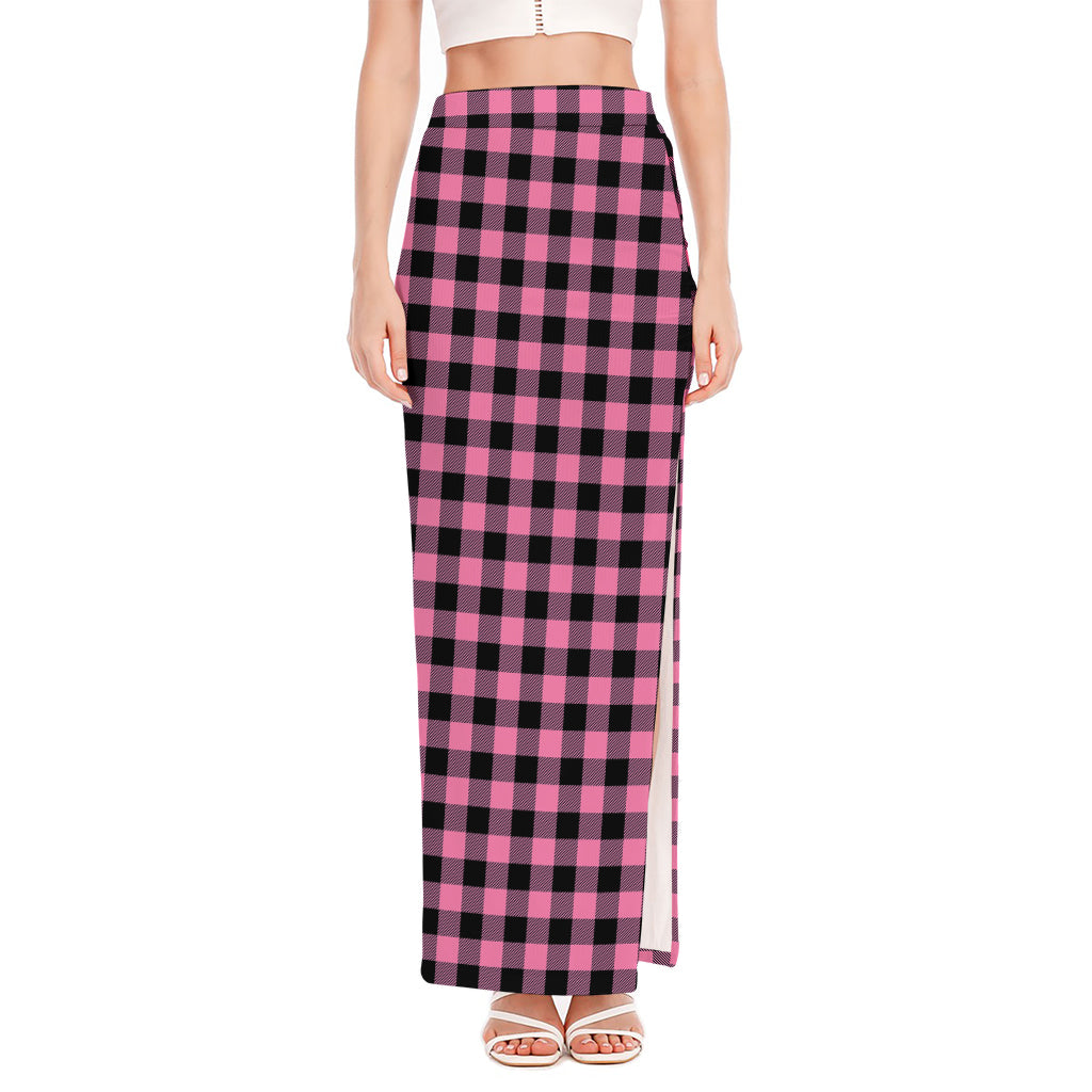 Pink And Black Buffalo Check Print High Slit Maxi Skirt