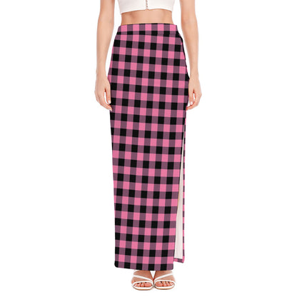 Pink And Black Buffalo Check Print High Slit Maxi Skirt