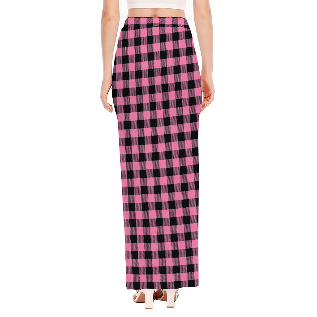Pink And Black Buffalo Check Print High Slit Maxi Skirt