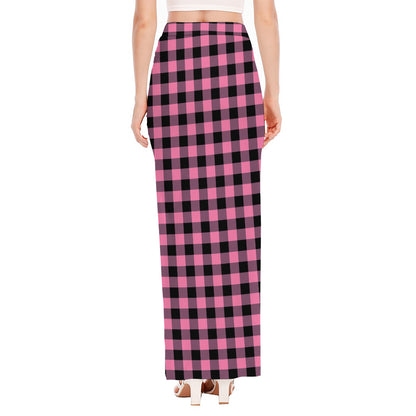 Pink And Black Buffalo Check Print High Slit Maxi Skirt