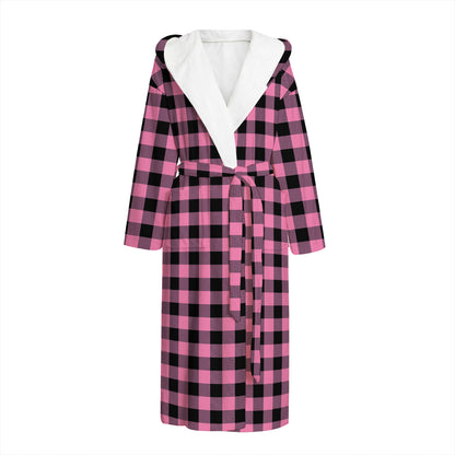 Pink And Black Buffalo Check Print Hooded Bathrobe