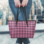 Pink And Black Buffalo Check Print Leather Tote Bag