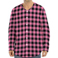 Pink And Black Buffalo Check Print Long Sleeve Baseball Jersey