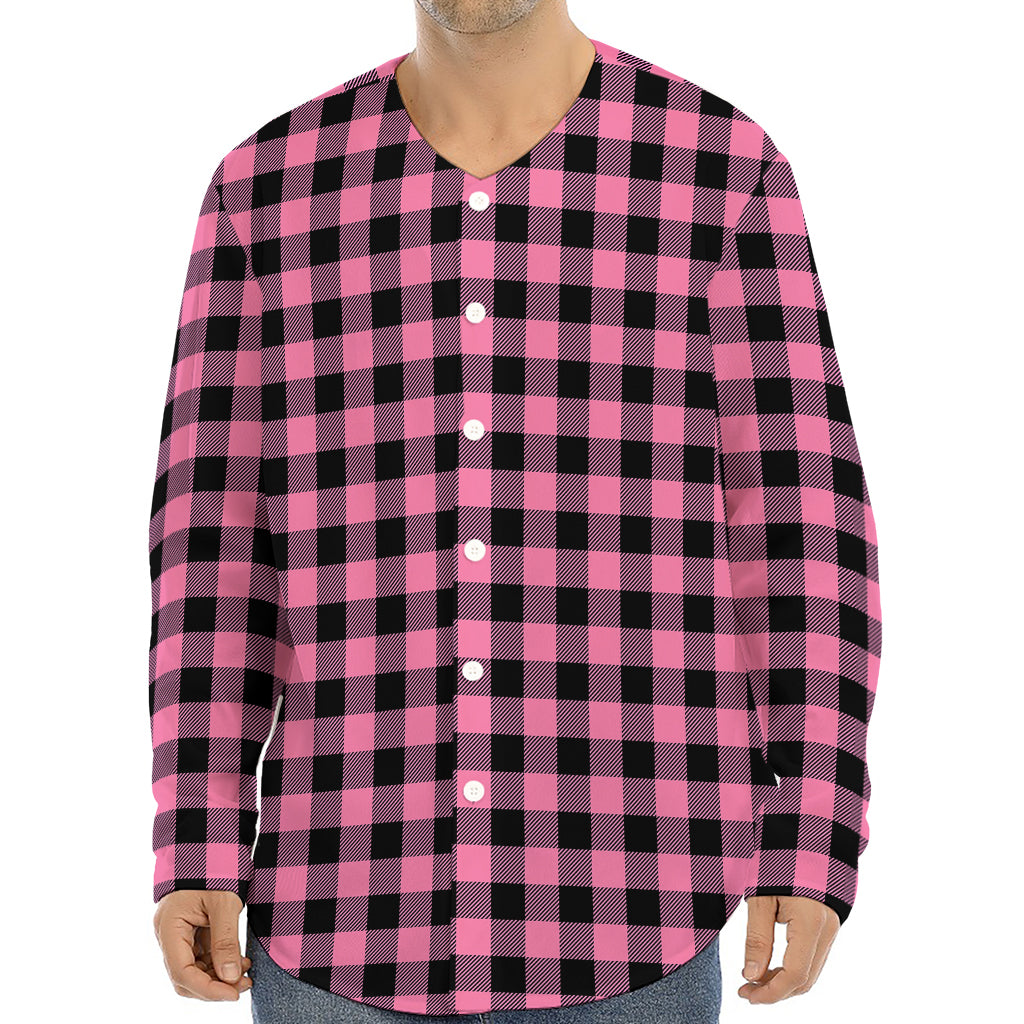 Pink And Black Buffalo Check Print Long Sleeve Baseball Jersey