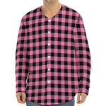 Pink And Black Buffalo Check Print Long Sleeve Baseball Jersey