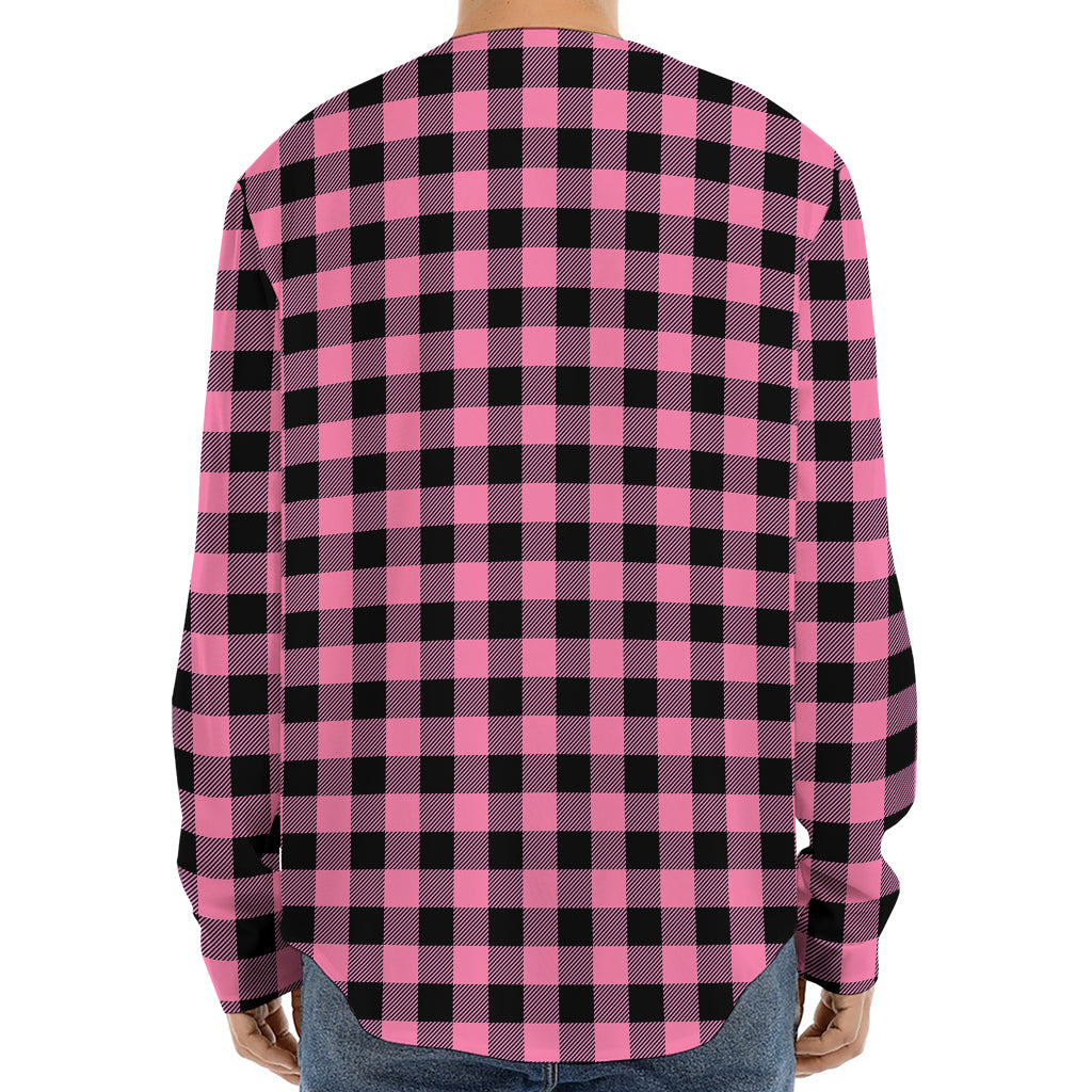 Pink And Black Buffalo Check Print Long Sleeve Baseball Jersey