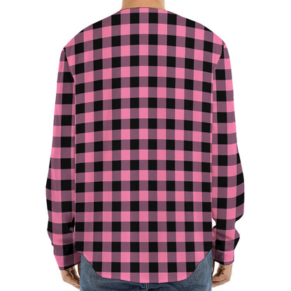 Pink And Black Buffalo Check Print Long Sleeve Baseball Jersey