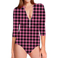 Pink And Black Buffalo Check Print Long Sleeve Swimsuit