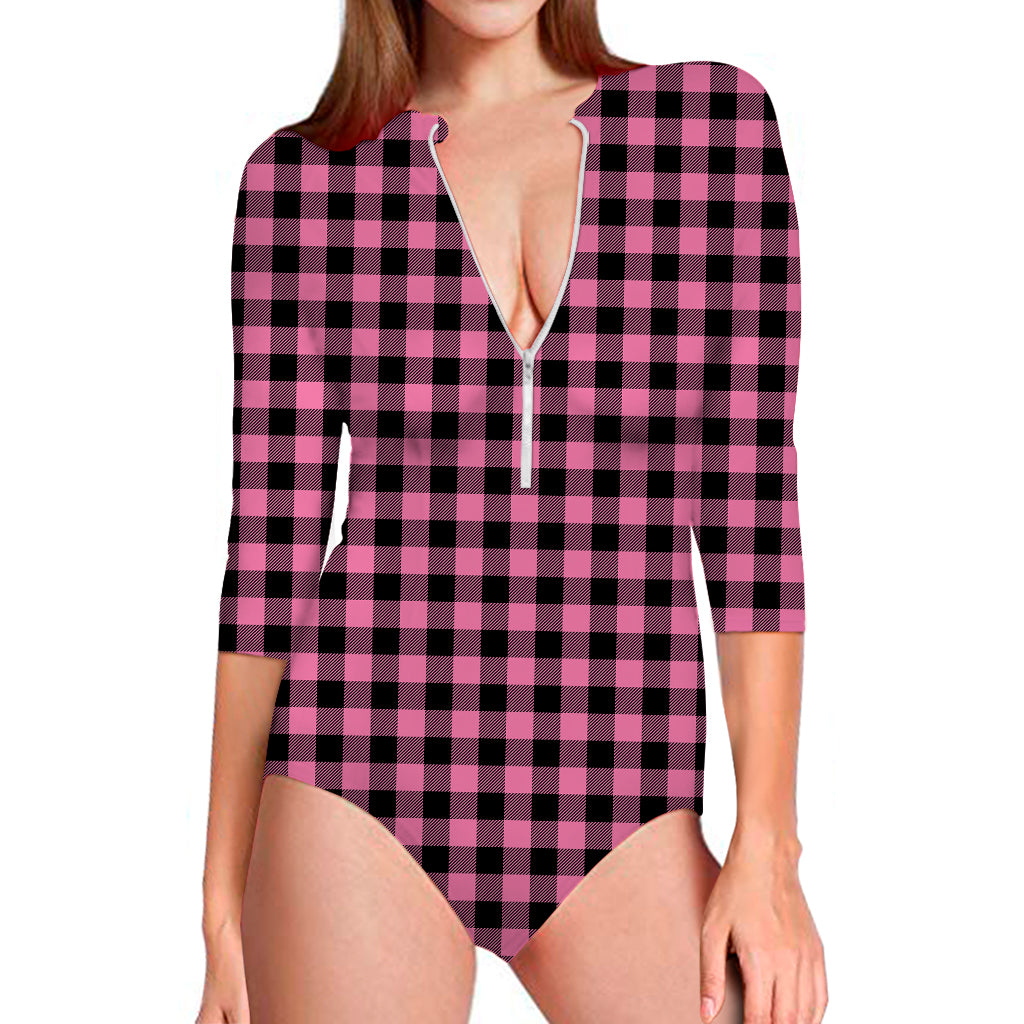 Pink And Black Buffalo Check Print Long Sleeve Swimsuit