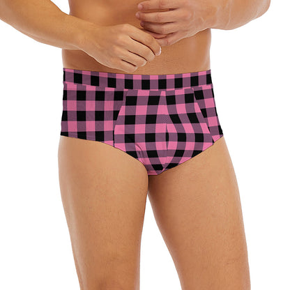 Pink And Black Buffalo Check Print Men's Briefs