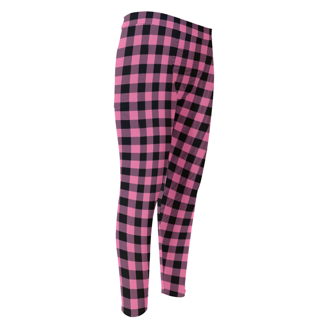 Pink And Black Buffalo Check Print Men's Compression Pants