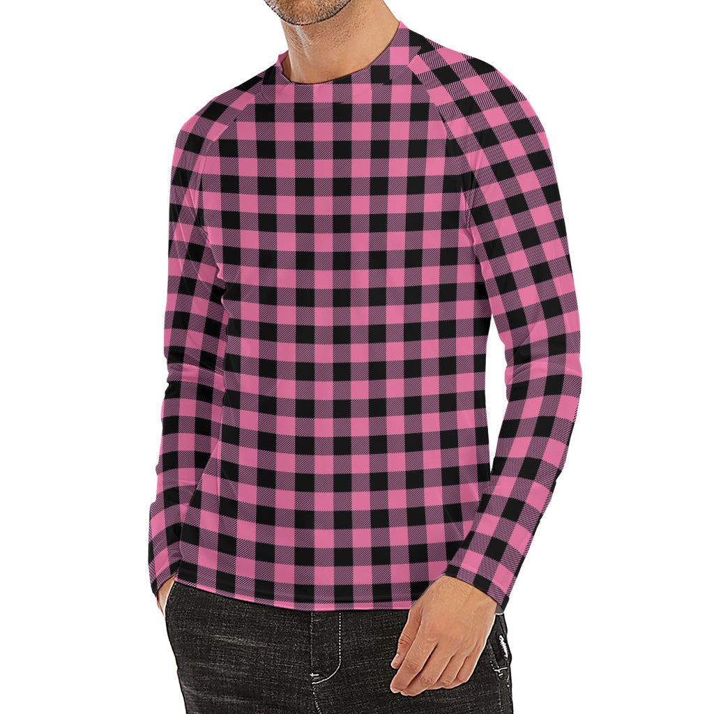 Pink And Black Buffalo Check Print Men's Long Sleeve Rash Guard