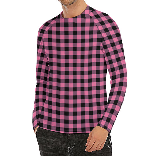 Pink And Black Buffalo Check Print Men's Long Sleeve Rash Guard