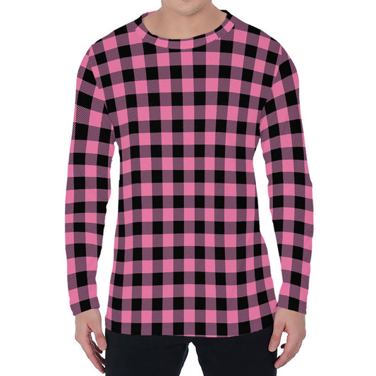 Pink And Black Buffalo Check Print Men's Long Sleeve T-Shirt