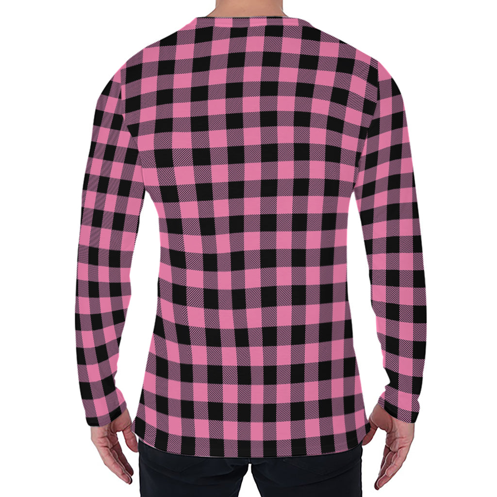 Pink And Black Buffalo Check Print Men's Long Sleeve T-Shirt