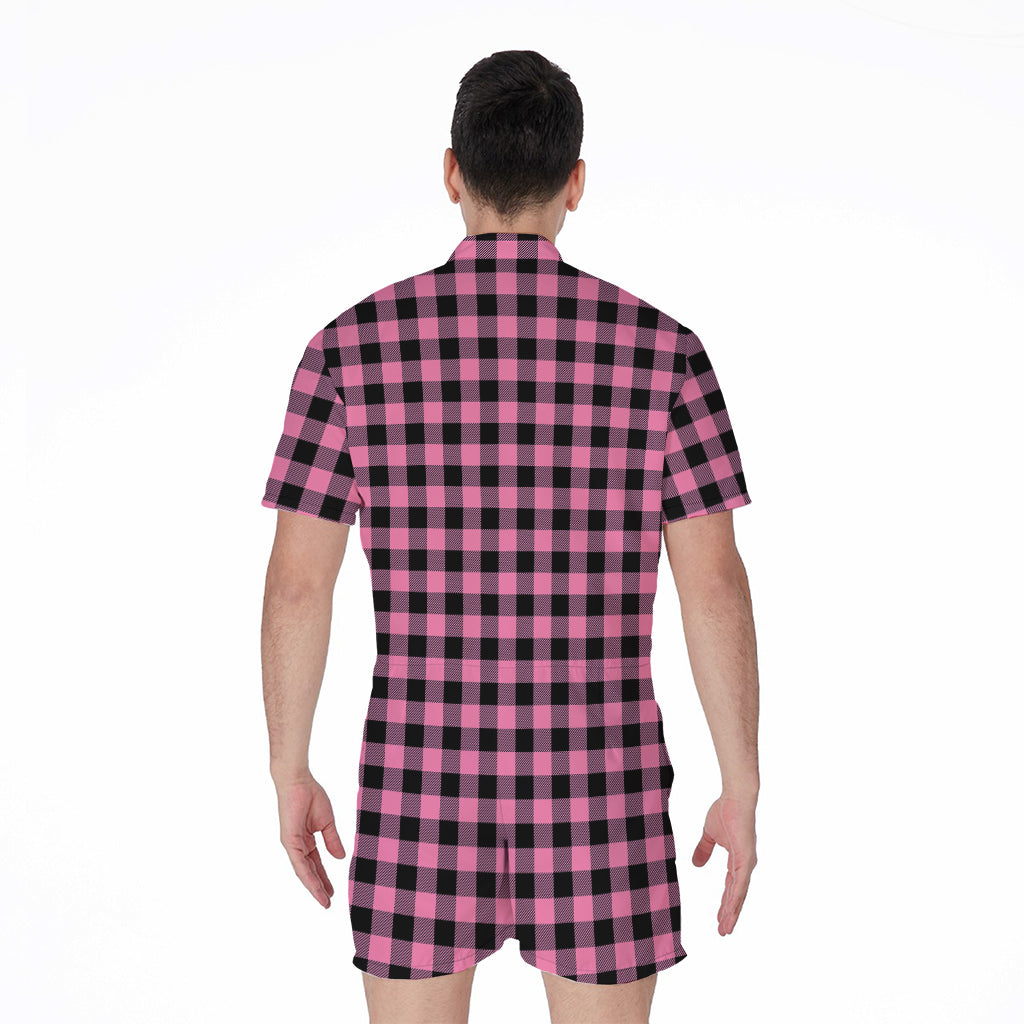 Pink And Black Buffalo Check Print Men's Rompers