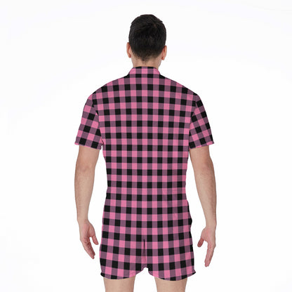 Pink And Black Buffalo Check Print Men's Rompers