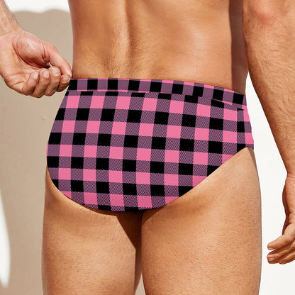 Pink And Black Buffalo Check Print Men's Swim Briefs