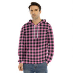 Pink And Black Buffalo Check Print Men's Velvet Pullover Hoodie