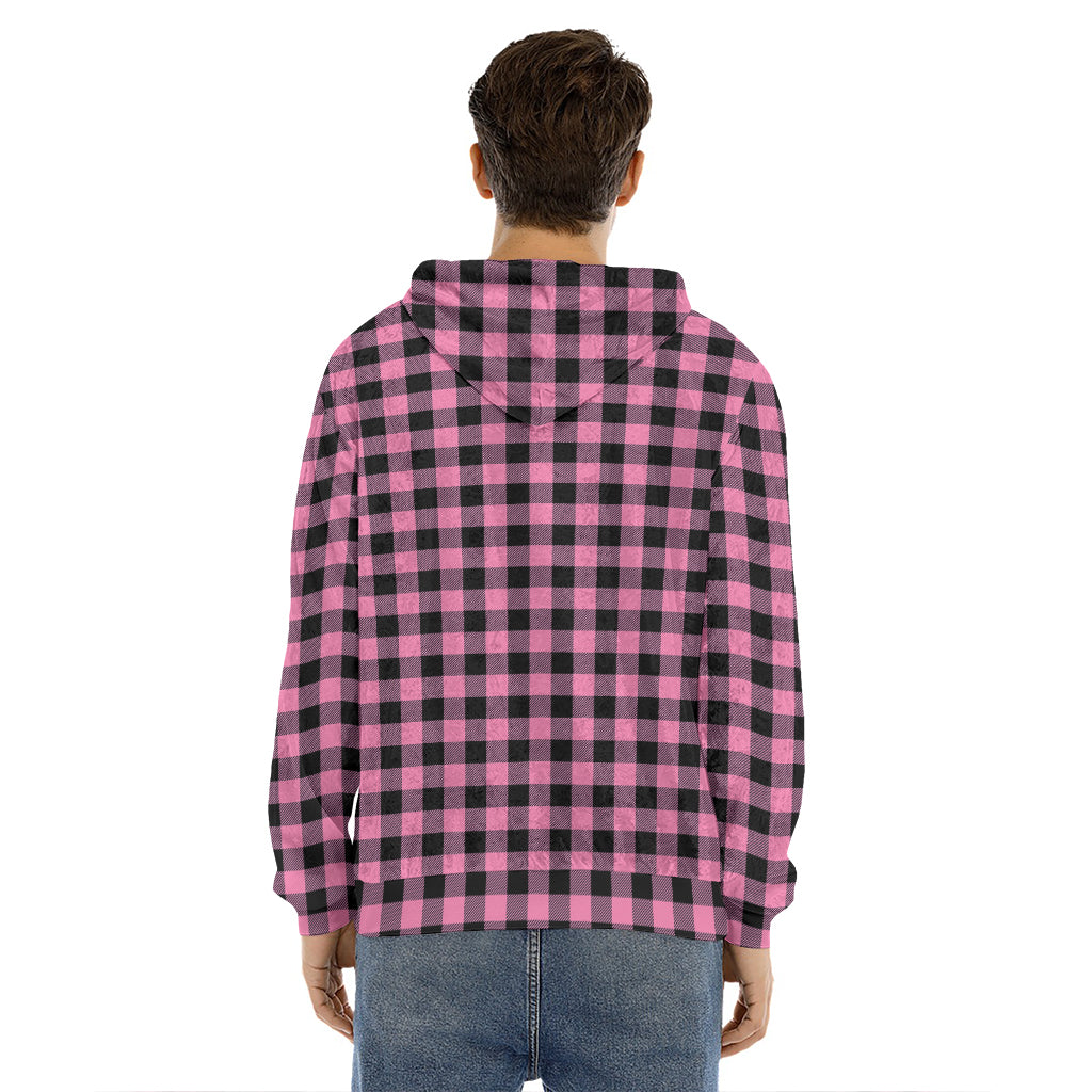 Pink And Black Buffalo Check Print Men's Velvet Pullover Hoodie