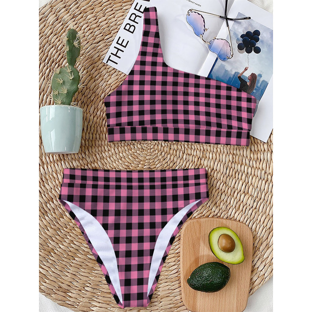 Pink And Black Buffalo Check Print One Shoulder Bikini Top