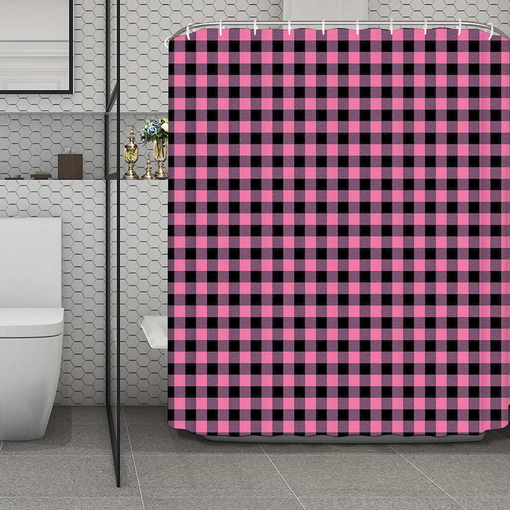 Pink And Black Buffalo Check Print Polyester Shower Curtain