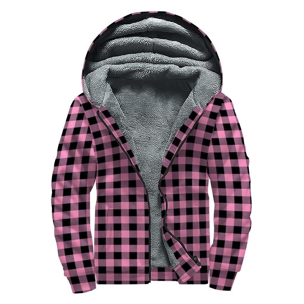 Pink And Black Buffalo Check Print Sherpa Lined Zip Up Hoodie