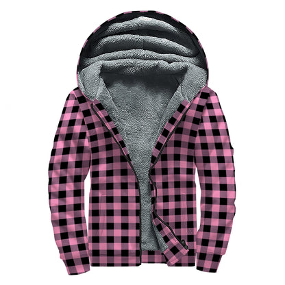 Pink And Black Buffalo Check Print Sherpa Lined Zip Up Hoodie