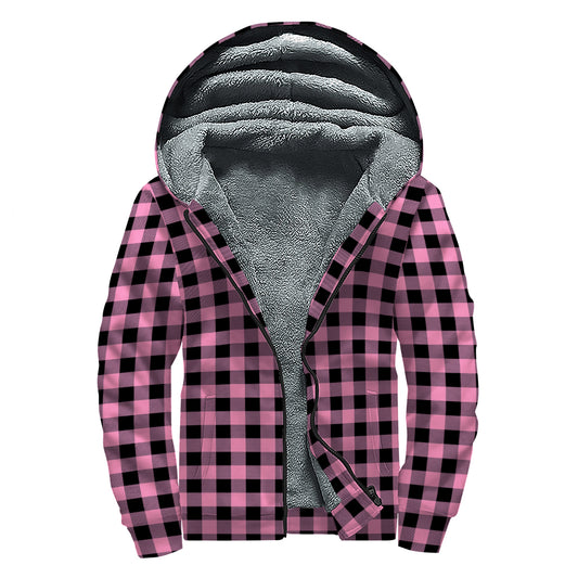 Pink And Black Buffalo Check Print Sherpa Lined Zip Up Hoodie