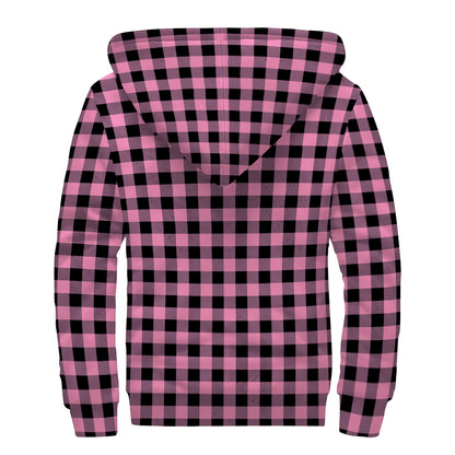 Pink And Black Buffalo Check Print Sherpa Lined Zip Up Hoodie