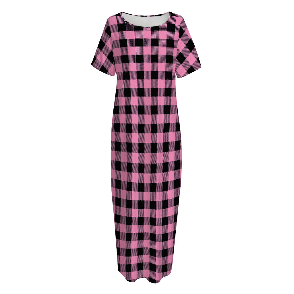 Pink And Black Buffalo Check Print Short Sleeve Long Nightdress