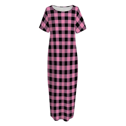 Pink And Black Buffalo Check Print Short Sleeve Long Nightdress