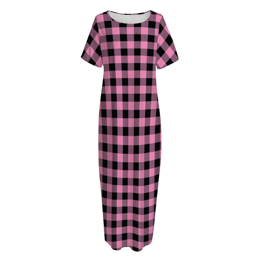 Pink And Black Buffalo Check Print Short Sleeve Long Nightdress