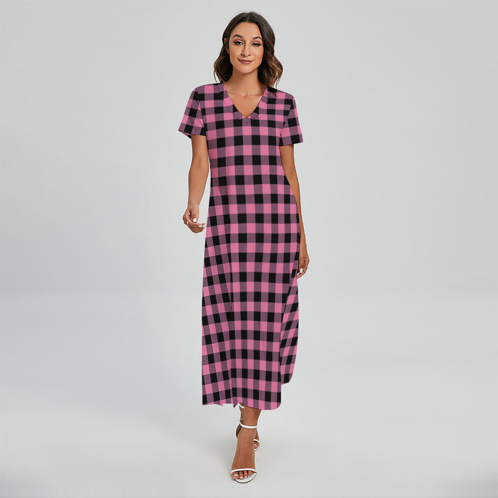 chinese dress ladies Pink and Black Buffalo Check Print Short Sleeve Maxi Dress