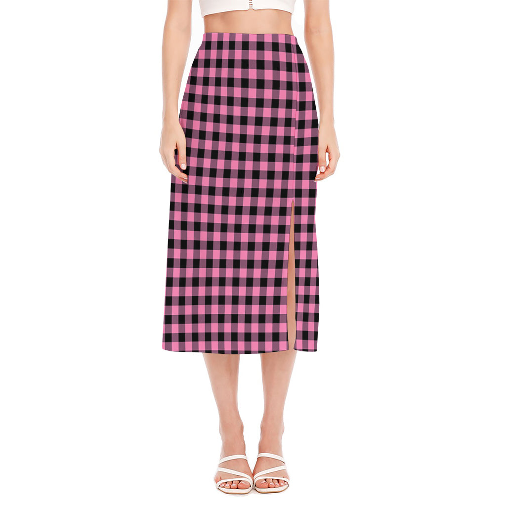 Pink And Black Buffalo Check Print Side Slit Midi Skirt