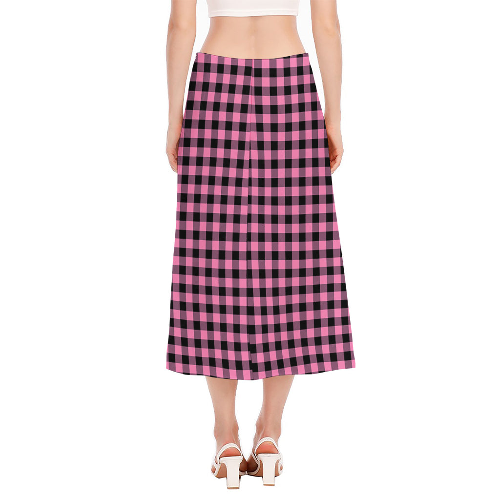 Pink And Black Buffalo Check Print Side Slit Midi Skirt