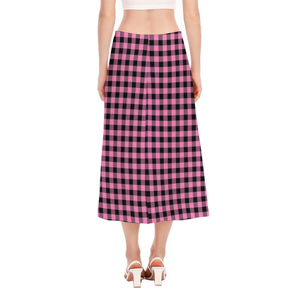 Pink And Black Buffalo Check Print Side Slit Midi Skirt