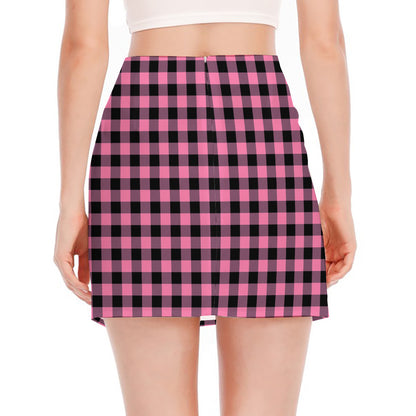 Pink And Black Buffalo Check Print Side Slit Mini Skirt