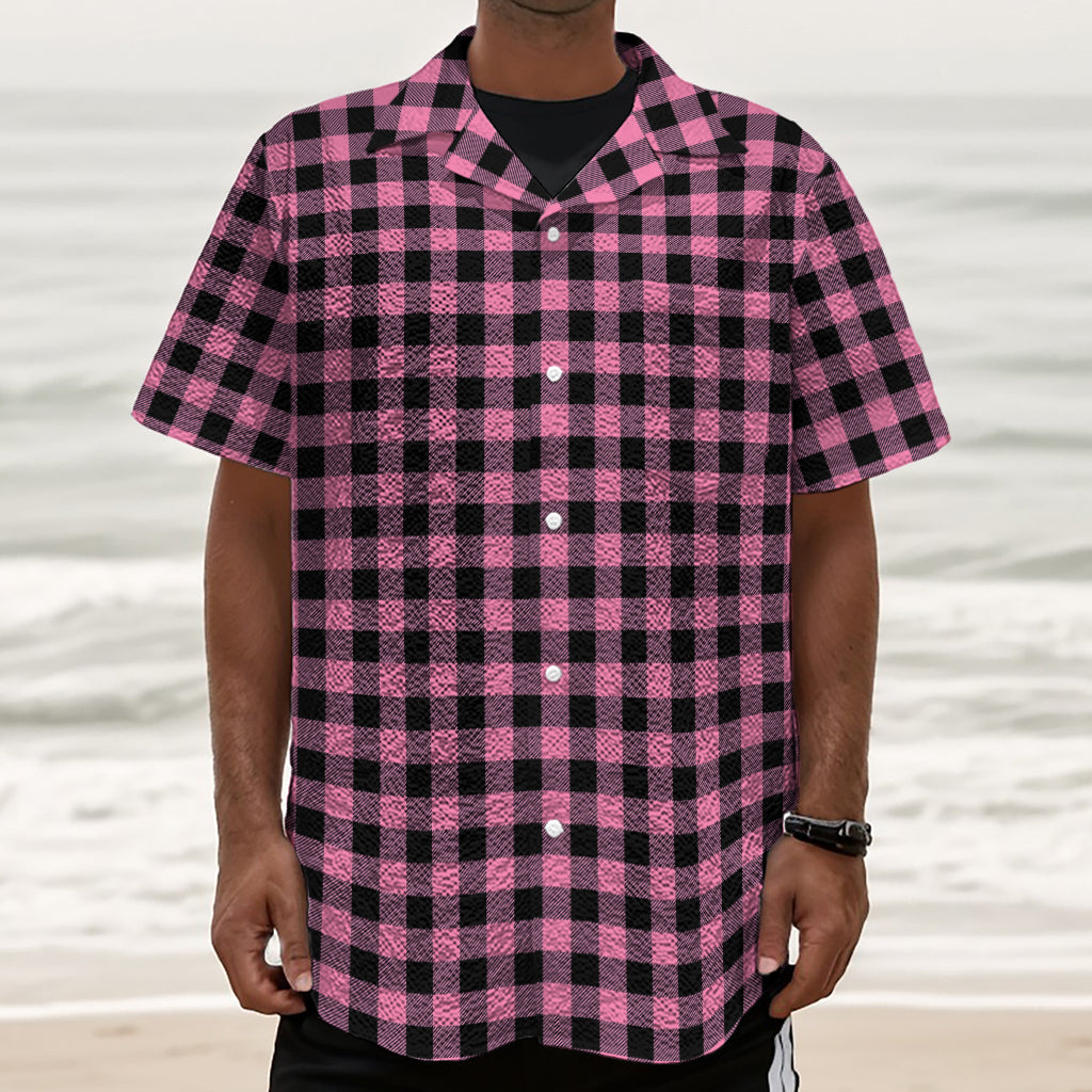 Pink And Black Buffalo Check Print Textured Short Sleeve Shirt