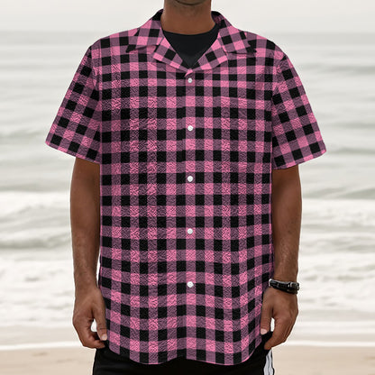 Pink And Black Buffalo Check Print Textured Short Sleeve Shirt