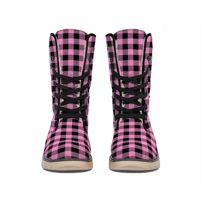Pink And Black Buffalo Check Print Winter Boots