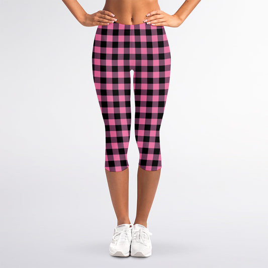 Pink And Black Buffalo Check Print Women's Capri Leggings