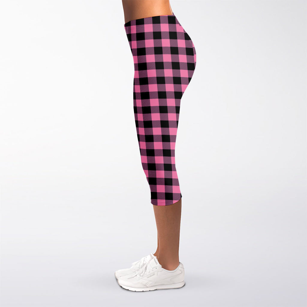 Pink And Black Buffalo Check Print Women's Capri Leggings