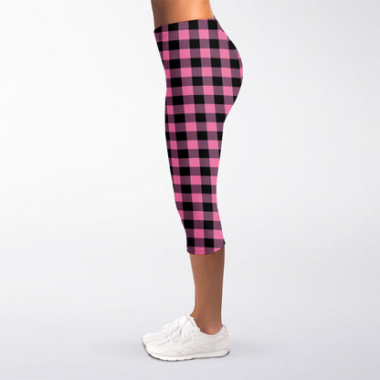 Pink And Black Buffalo Check Print Women's Capri Leggings