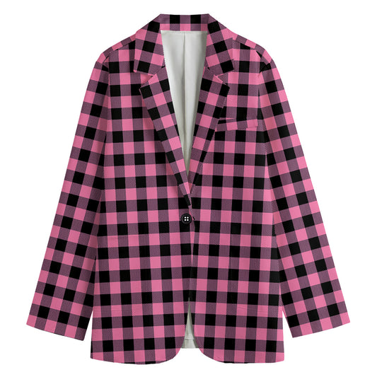 Pink And Black Buffalo Check Print Women's Cotton Blazer