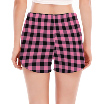 Pink And Black Buffalo Check Print Women's Split Running Shorts