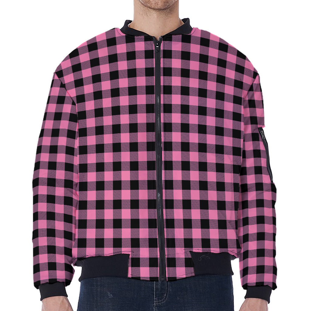 Pink And Black Buffalo Check Print Zip Sleeve Bomber Jacket