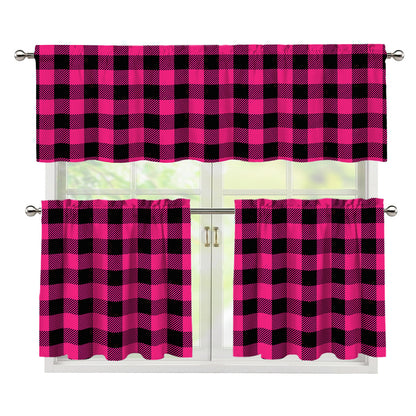 Pink And Black Buffalo Plaid Print 3 Piece Kitchen Curtains