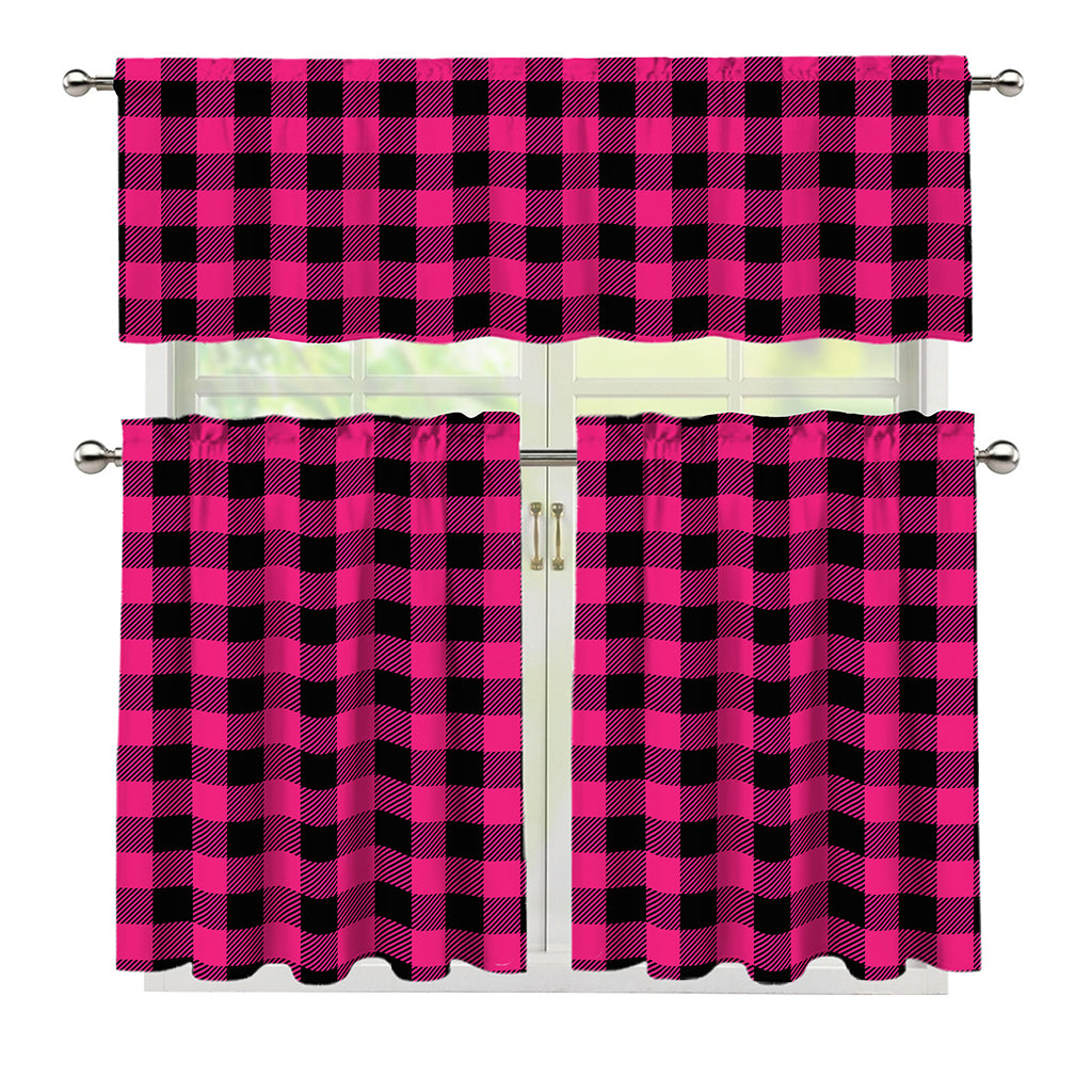 Pink And Black Buffalo Plaid Print 3 Piece Kitchen Curtains