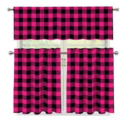Pink And Black Buffalo Plaid Print 3 Piece Kitchen Curtains